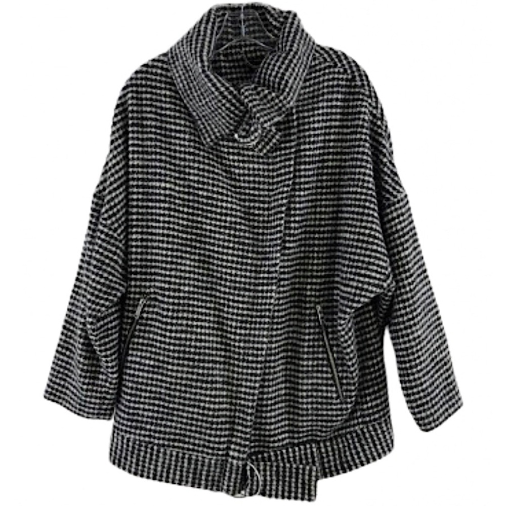 TOPSHOP B/W Houndstooth Wool Blend Pea Coat w Belted Collar & Hem Zipper Pockets